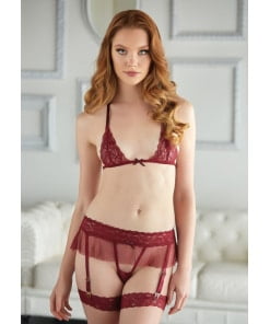 Allure Lingerie - Willow Lace and Mesh Bra and Garter G-string - Burgundy