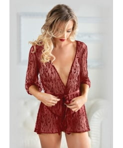 Allure Lingerie – Leopard Lace Robe with G-string – Burgundy