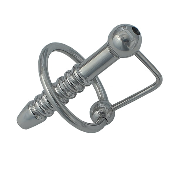 Holle geribbelde metalen penisplug 12 mm met eikelring