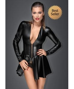 Noir Handmade Wetlook Jurk met Taille Corset