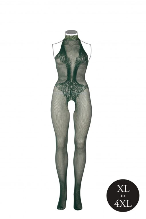 Bodystocking van visnet en kant - Midnight Green Plus Size