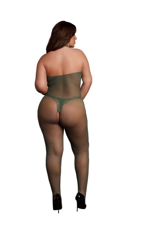 Bodystocking van visnet en kant - Midnight Green Plus Size