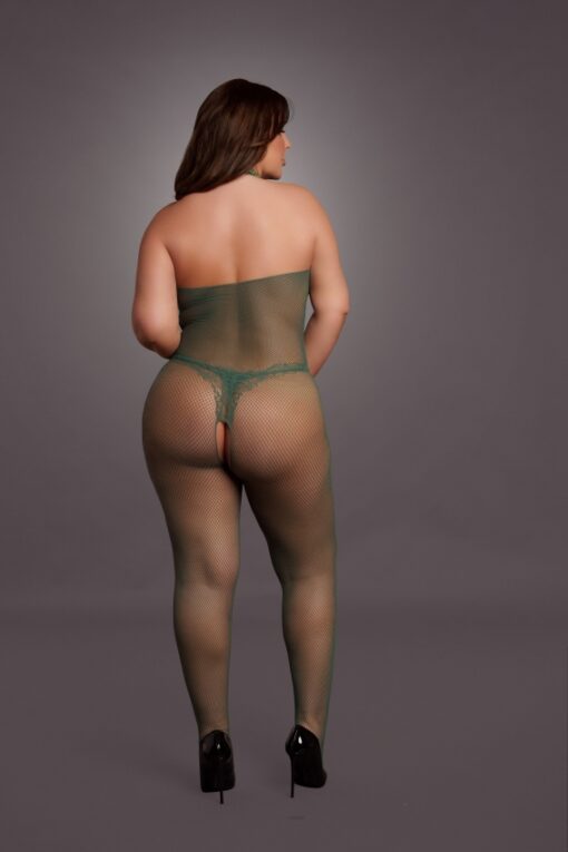 Bodystocking van visnet en kant - Midnight Green Plus Size