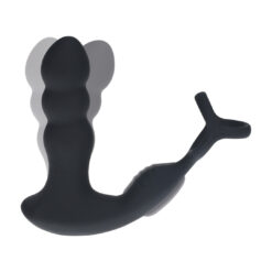 Dual Vibrating Remote Rotating Head Silicone Prostate Stimulator with Cock and Ball Ring - Black
