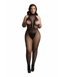 Le Desir – Bodystocking met visnet en kant – Zwart – Plus size