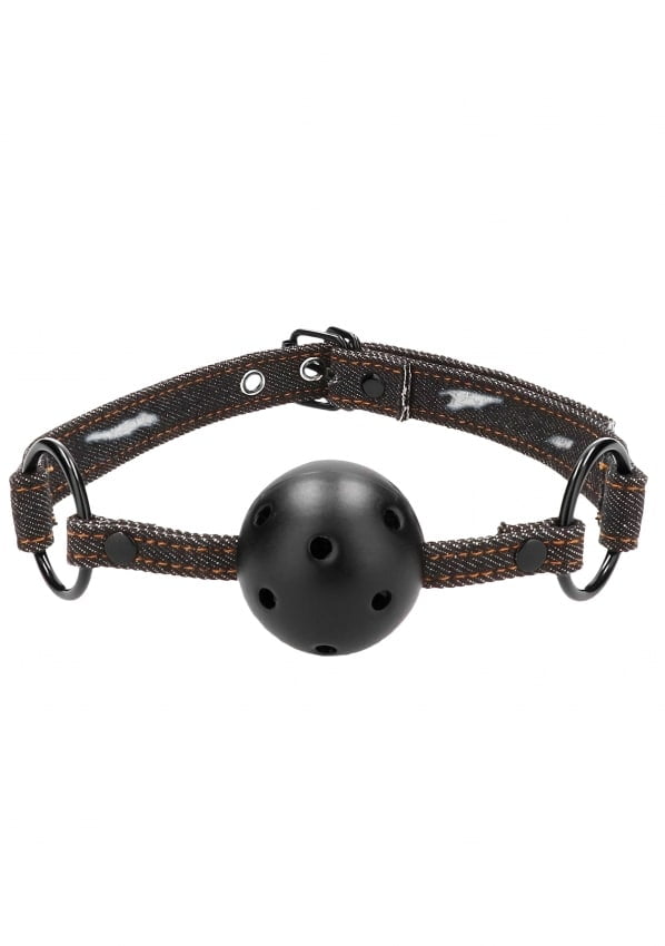Ouch Ball Gag met gaatjes - Met Ruwe Denim Bandjes - Zwart
