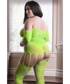 Stargazing Cold Shoulder Jarretel Catsuit - Neon Green Queen Size