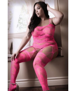 To The Moon Jarretel Catsuit - Neon Pink Queen Size