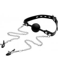 Strict - Siliconen Ball Gag met tepelklemmen