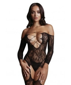 Le Desir - Criss Cross Neck Bodystocking - Black - One Size